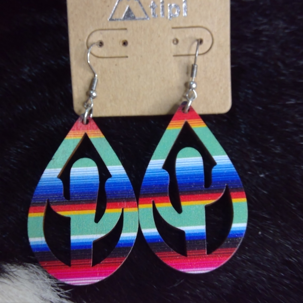 Cactus Serape Pattern Wood Earrings